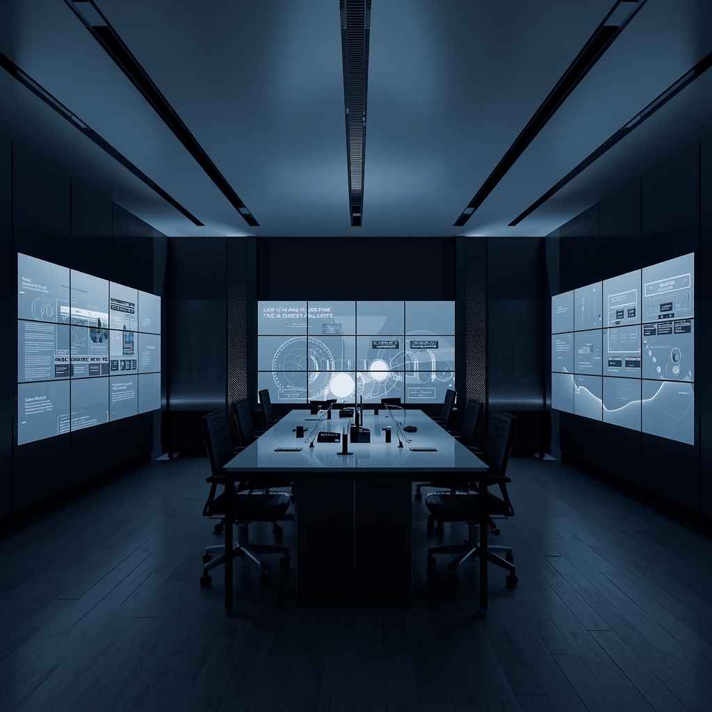 A sleek modern innovation lab with whiteboards, prototype hardware, holographic displays and glowing screens in a dark room, no people, no logos